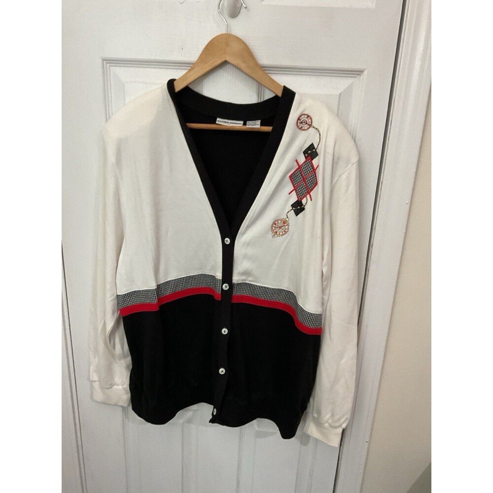 Alfred Dunner Womens Colorblock  Sweater Red Off White Black Sz Large